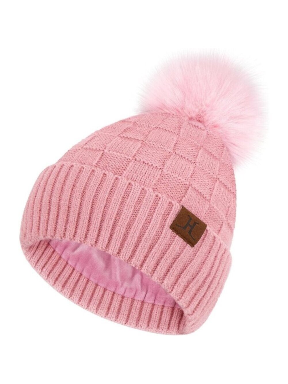 Womens Winter Beanie Hat Knit Plaid Fleece Lined Pompom Cap Cold Weather Gift